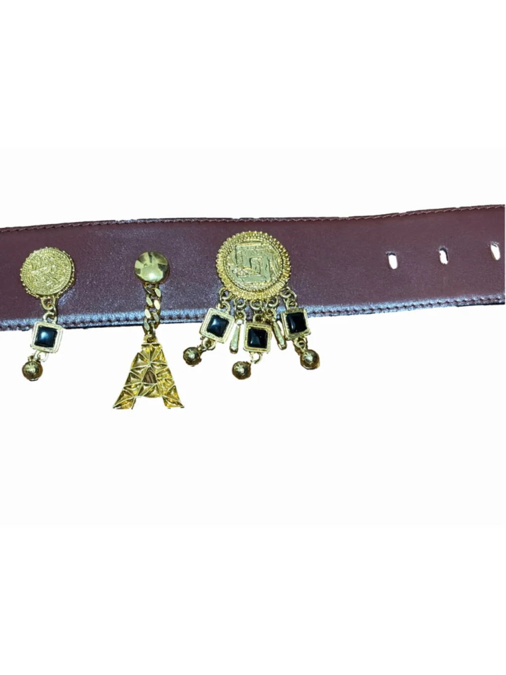 Vintage Escada Brown Leather Belt Gold Letter Charms Buckle Sz 36 Germany